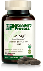 Image of E-Z Mg bottle next to tablets of magnesium supplements.