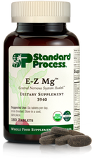 Image of E-Z Mg bottle next to tablets of magnesium supplements.