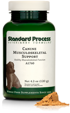 A bottle of Canine Musculoskeletal Support, a powder supplement for dogs’ muscles, ligaments and bone health, next to an image of the powder supplement.